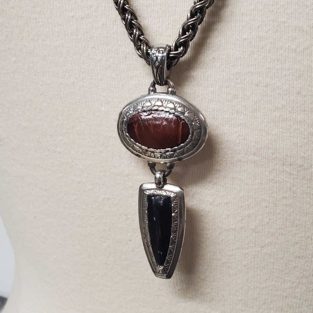 Vintage Brighton Boho Long Silver/ Leather Inlay Necklace